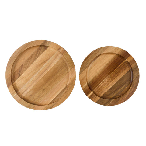 Dos bases circulares de madera para platos Victoria en distintos tamaños
