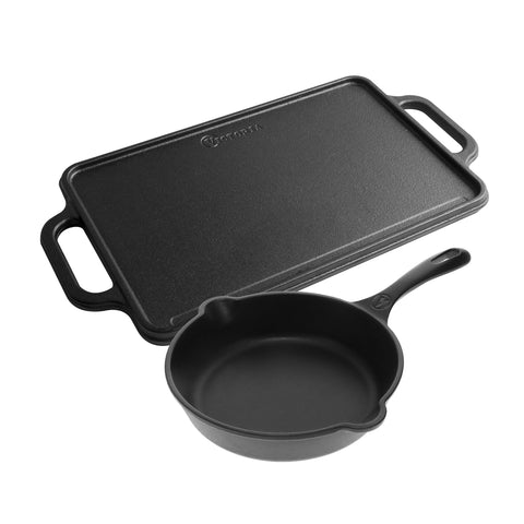 Kit plancha curada 33 × 21 cm y sartén 20 cm de hierro fundido Victoria