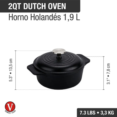 Olla holandesa Victoria de 1.9 L con medidas indicadas y peso de 3.3 kg
