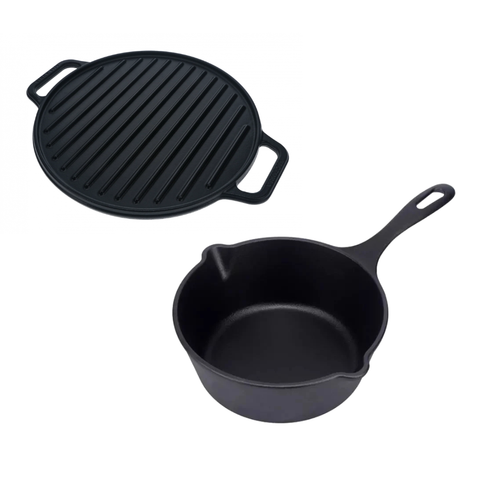 Kit sartén profundo 1.9 L y plancha 32 cm de hierro fundido curado Victoria