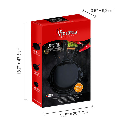 Kit de 3 sartenes 16.5, 20 y 25 cm de hierro fundido Victoria