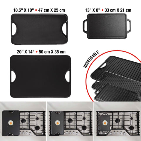 Comparativa de planchas reversibles Victoria con medidas de 47×25, 33×21 y 50×35 cm
