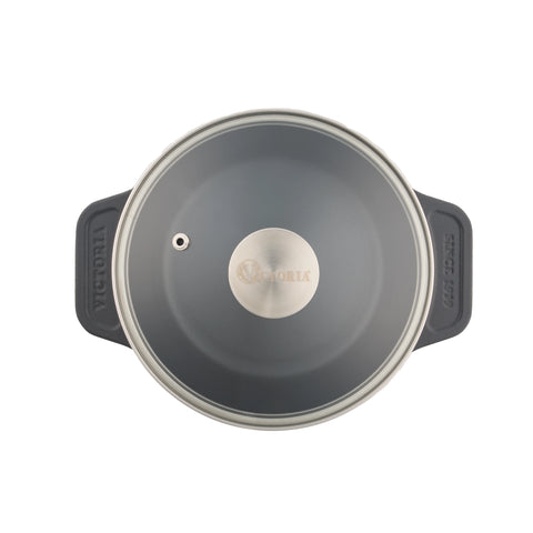 Vista superior de olla de 1.9 L Victoria con tapa de vidrio y asas rectangulares