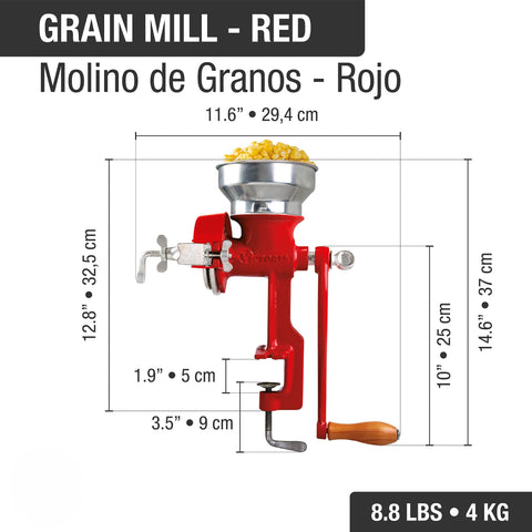 Molino de granos rojo Victoria con medidas indicadas y peso de 4 kg