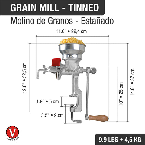 Molino de granos estañado Victoria con medidas y peso indicado de 4.5 kg