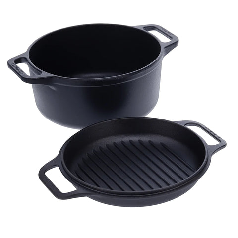 Olla Combo Cooker Victoria abierta junto a tapa con superficie acanalada