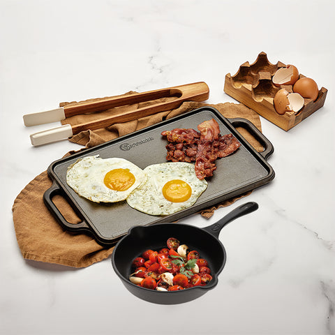 Kit Victoria de plancha y sartén con huevos, tocino y jitomates salteados