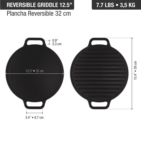 Kit sartén profundo 1.9 L y plancha 32 cm de hierro fundido curado Victoria, medidas