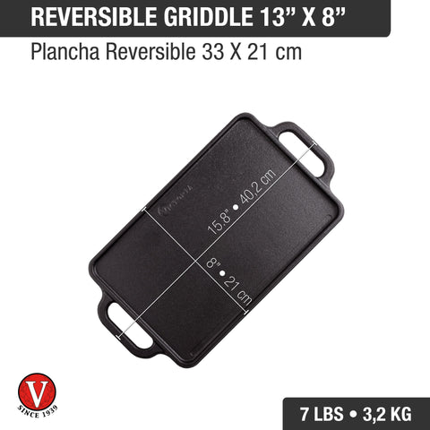 Plancha reversible 33 × 21 cm de hierro fundido Victoria, medidas