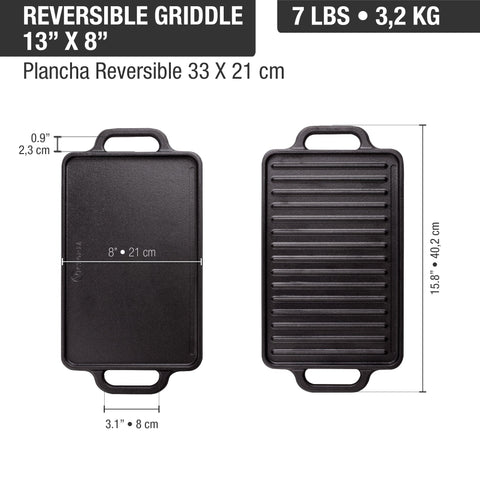 Plancha reversible 33 × 21 cm de hierro fundido Victoria, medidas, foto 4