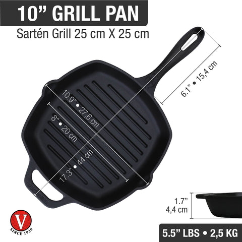 Sartén grill 25 × 25 cm de hierro fundido esmaltado Victoria, medidas