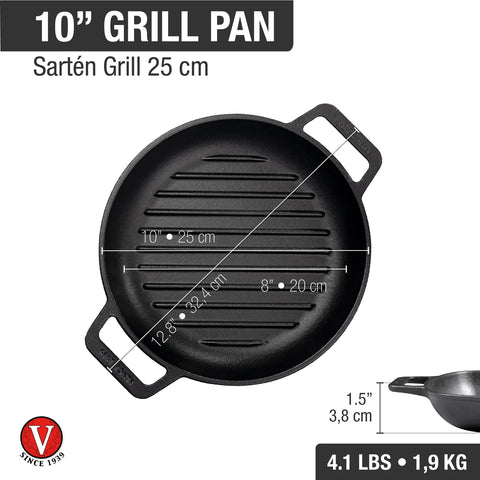 Sartén doble asa grill 25 cm de hierro fundido esmaltado Victoria, medidas