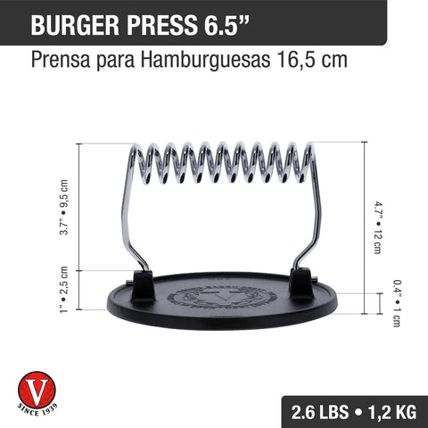 Prensa para hamburguesa 16.5 cm de hierro fundido Victoria, medidas