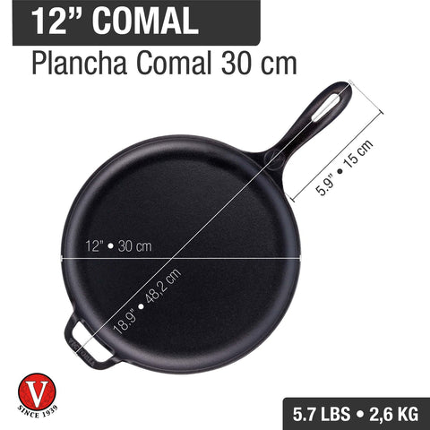 Comal 30 cm con mango de hierro fundido Victoria, medidas
