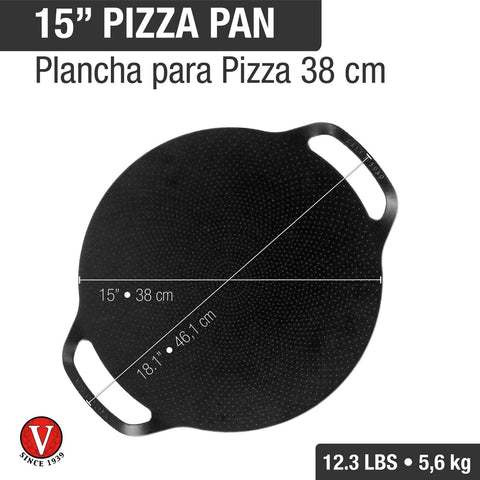 Plancha para pizza doble asa 38 cm de hierro fundido Victoria, medidas