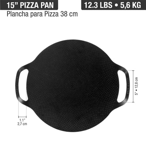 Plancha para pizza doble asa 38 cm de hierro fundido Victoria, medidas, foto 4