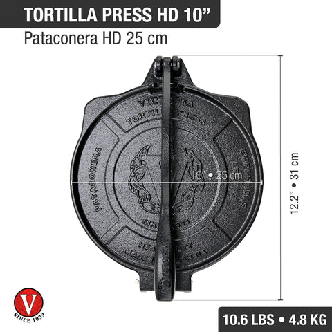 Tortilladora 25 cm de hierro fundido Victoria, medidas, foto 3