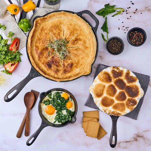 Kit de tres sartenes Victoria con preparación horneada, huevos con espinacas y malvaviscos dorados