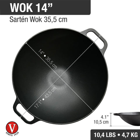 Diagrama del wok Victoria de 35.5 cm con medidas y peso de 4.7 kg