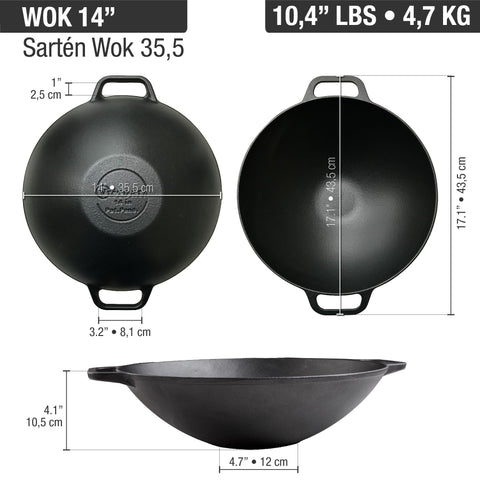 Wok Victoria en tres vistas con dimensiones y base de 12 cm señaladas