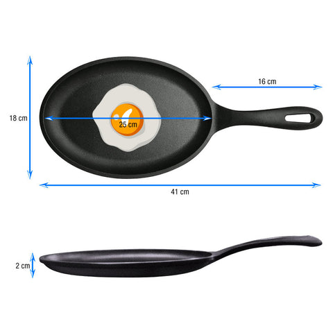 Sartén fajita Victoria con medidas indicadas de 25×18 cm y largo total de 41 cm
